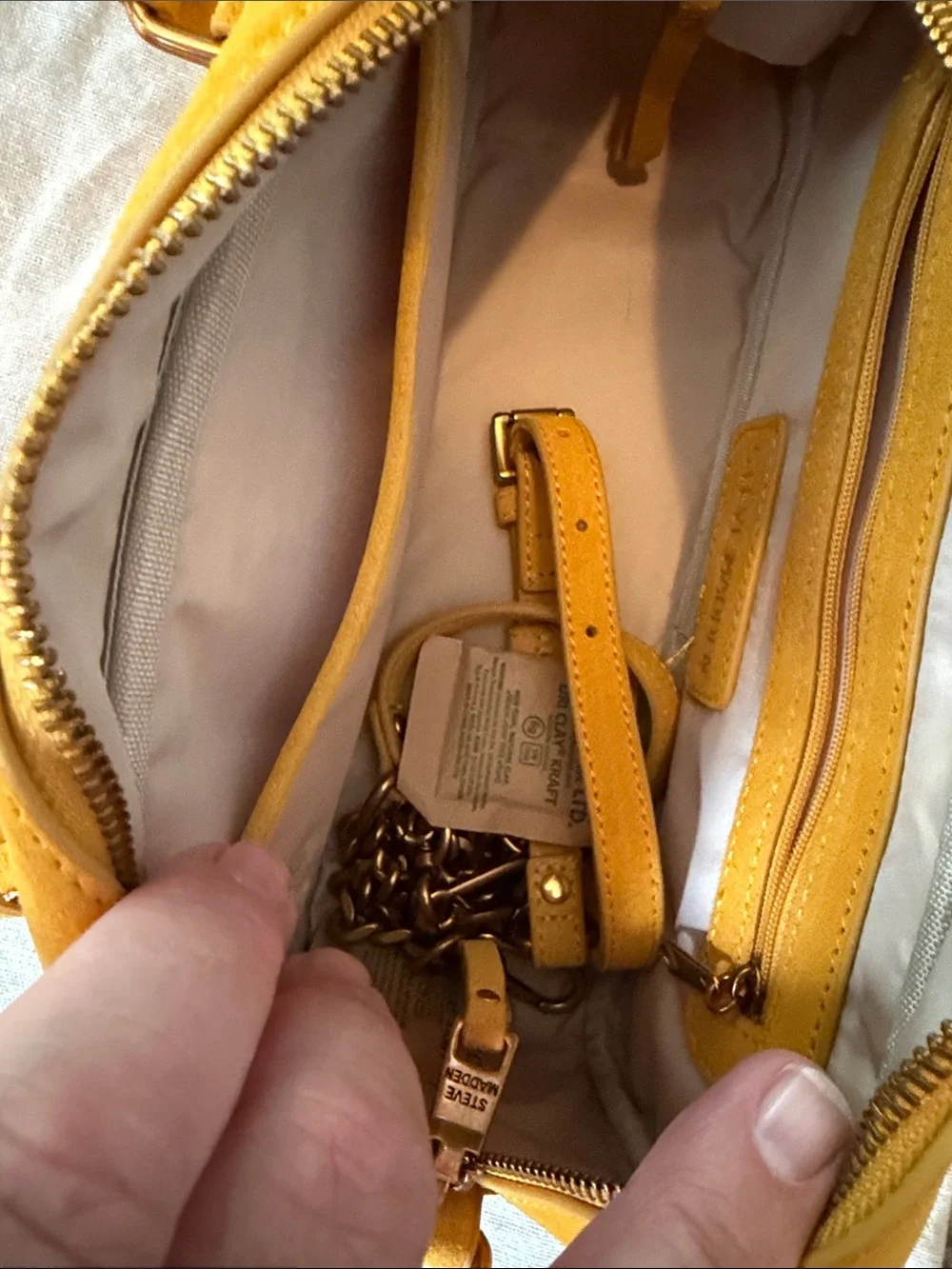 Steve Madden Yellow Suede Satchel with Luggage Tag